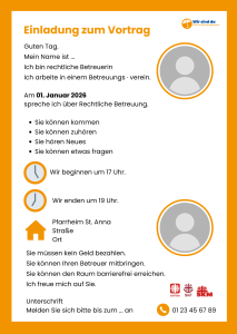 Dokument Einladung zum Vortrag als Vorlage in Einfacher Sprache mit Icons Uhr und Haus und Fotorahmen. Logo der katholischen Verbände